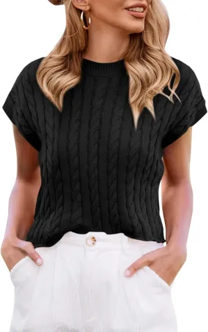 Saodimallsu Womens Summer Crewneck Crop Tops Casual Loose Fit Cable Knit Pullover Sweater