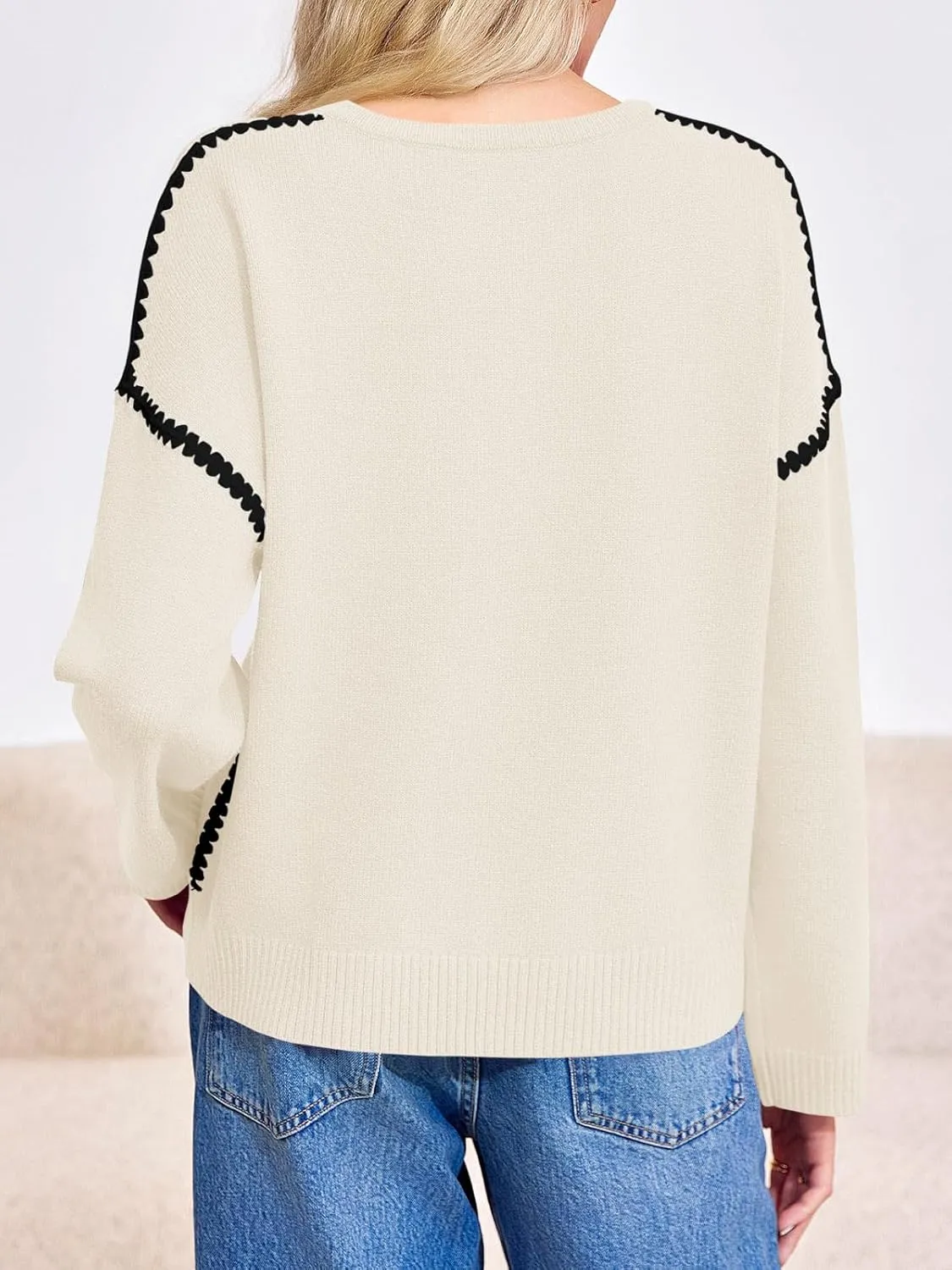 Saodimallsu Womens Sweaters Crewneck Long Sleeve Fall Chunky Knit Sweater Color Block Slouchy Loose Pullover Jumper Tops