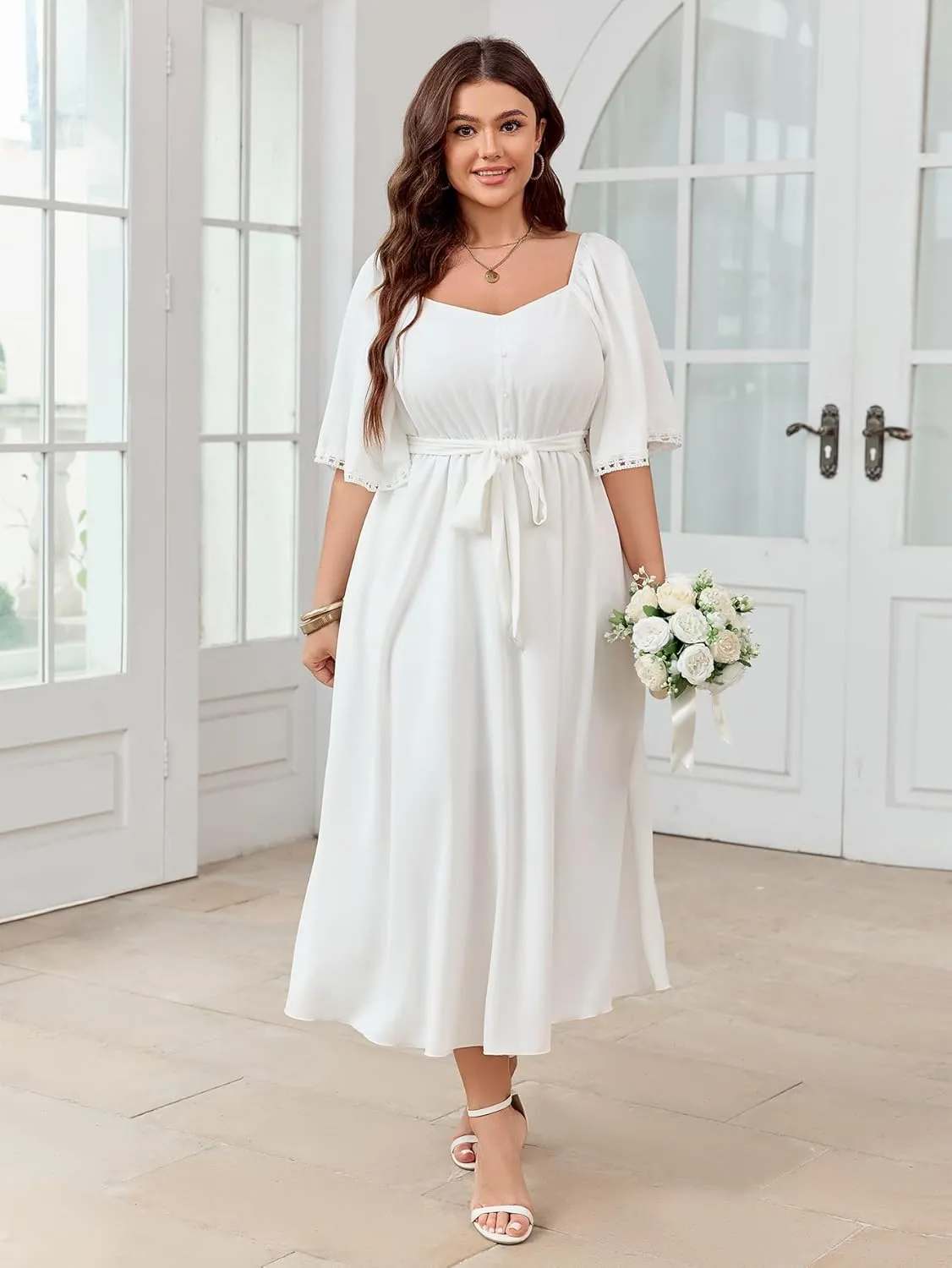 SCOMCHIC Women's Plus Size Summer Maxi Dress Sweetheart Neckline 3/4 Sleeve A Line Flowy Wedding Guest Cocktail Dress
