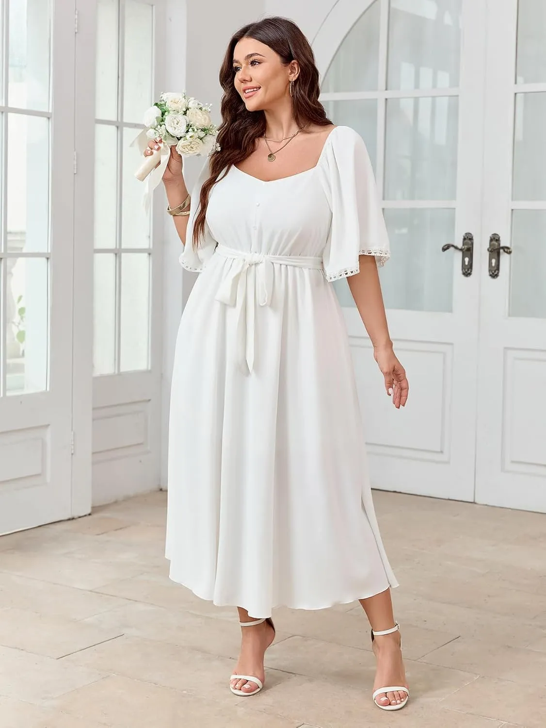 SCOMCHIC Women's Plus Size Summer Maxi Dress Sweetheart Neckline 3/4 Sleeve A Line Flowy Wedding Guest Cocktail Dress