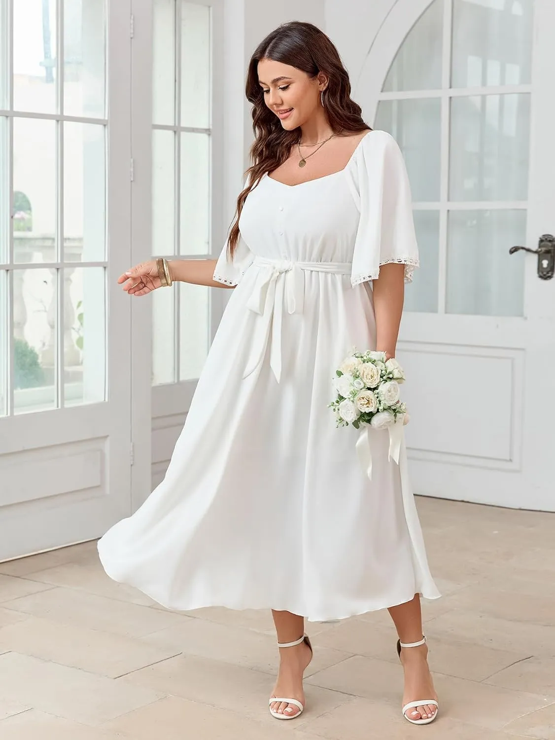 SCOMCHIC Women's Plus Size Summer Maxi Dress Sweetheart Neckline 3/4 Sleeve A Line Flowy Wedding Guest Cocktail Dress