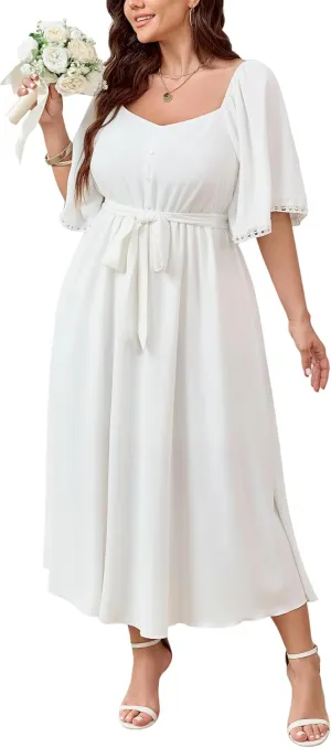 SCOMCHIC Women's Plus Size Summer Maxi Dress Sweetheart Neckline 3/4 Sleeve A Line Flowy Wedding Guest Cocktail Dress