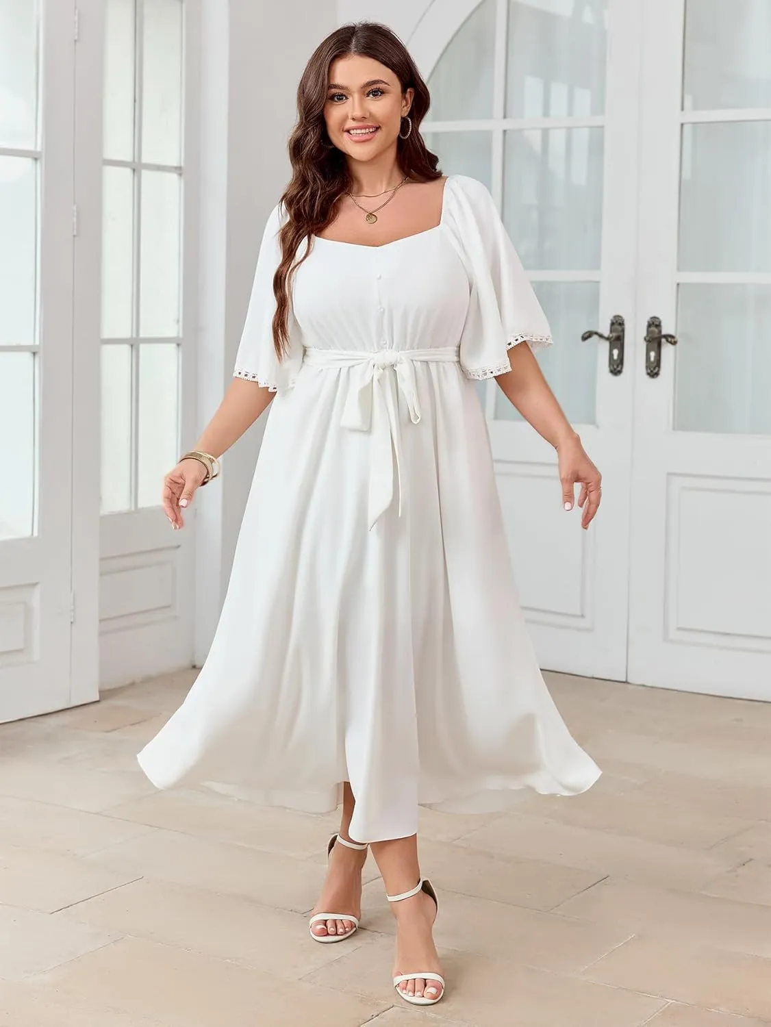SCOMCHIC Women's Plus Size Summer Maxi Dress Sweetheart Neckline 3/4 Sleeve A Line Flowy Wedding Guest Cocktail Dress