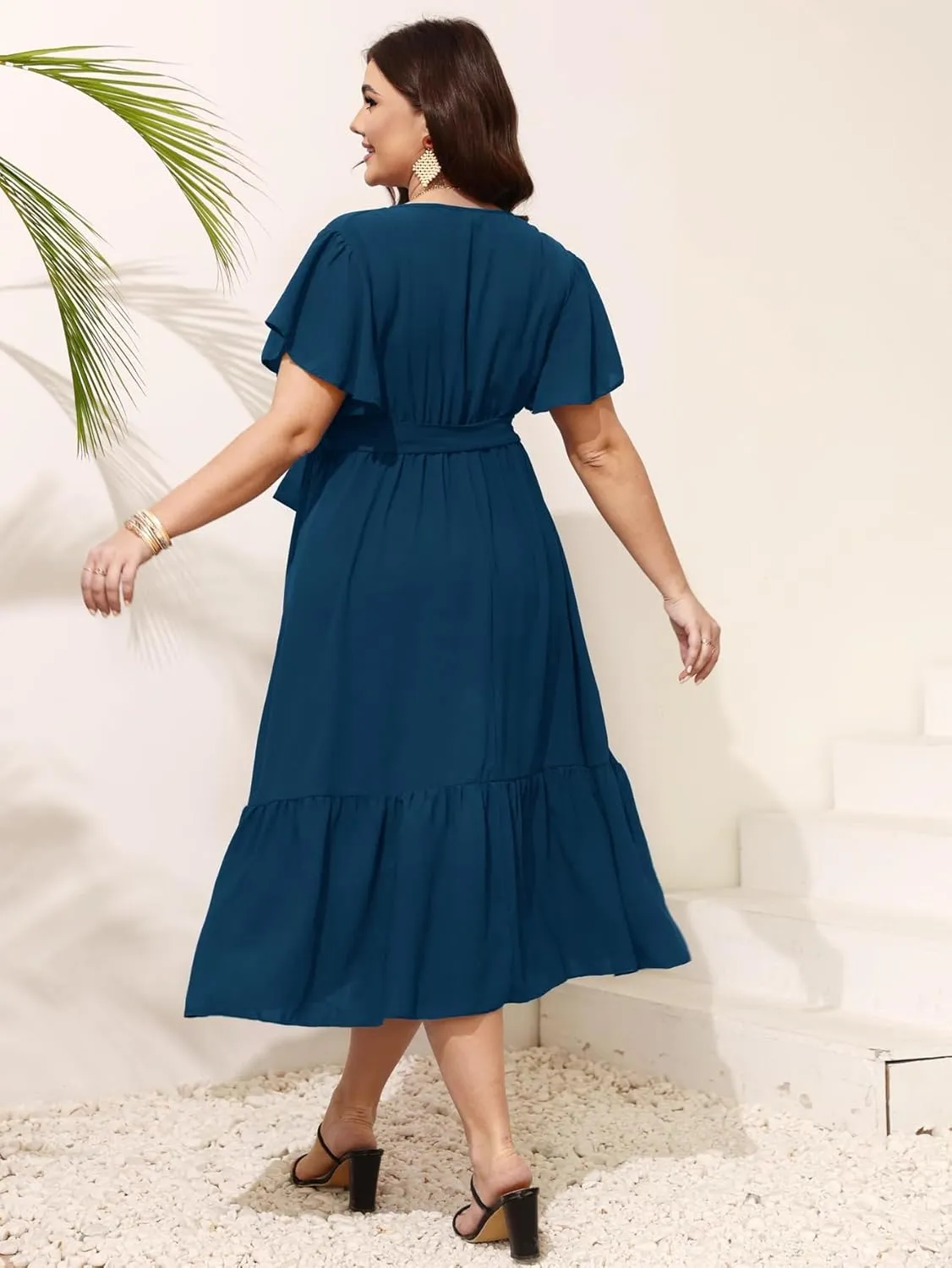SCOMCHIC Womens Plus Size Wedding Guest Dresses Summer Wrap V Neck Short Sleeve Belted Ruffle Hem A-Line Flowy Maxi Dress