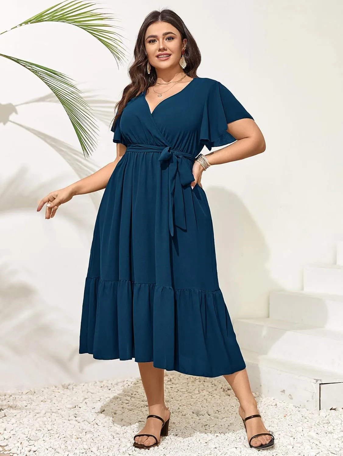 SCOMCHIC Womens Plus Size Wedding Guest Dresses Summer Wrap V Neck Short Sleeve Belted Ruffle Hem A-Line Flowy Maxi Dress