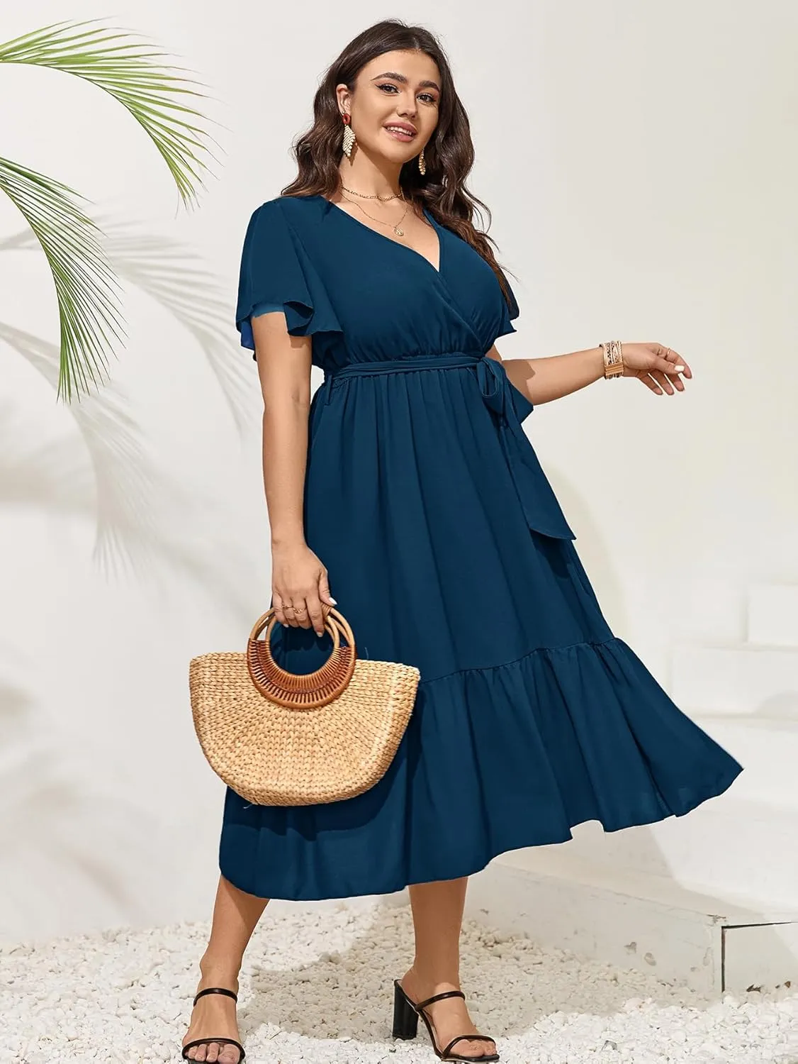 SCOMCHIC Womens Plus Size Wedding Guest Dresses Summer Wrap V Neck Short Sleeve Belted Ruffle Hem A-Line Flowy Maxi Dress
