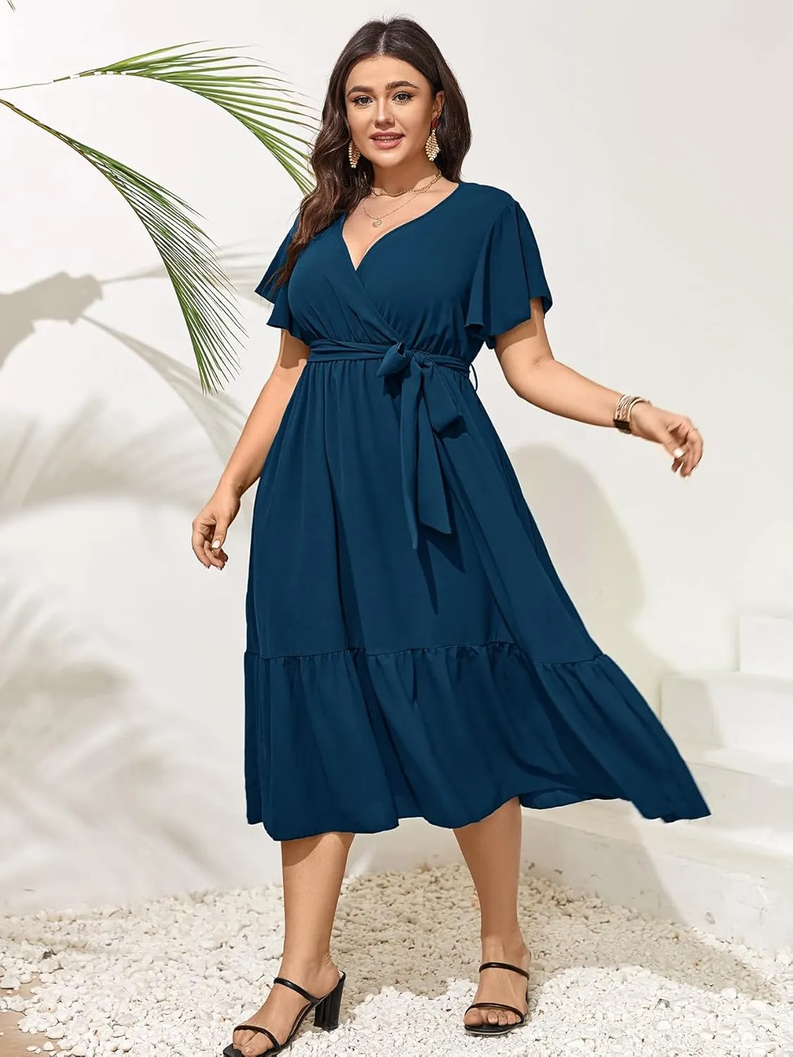 SCOMCHIC Womens Plus Size Wedding Guest Dresses Summer Wrap V Neck Short Sleeve Belted Ruffle Hem A-Line Flowy Maxi Dress