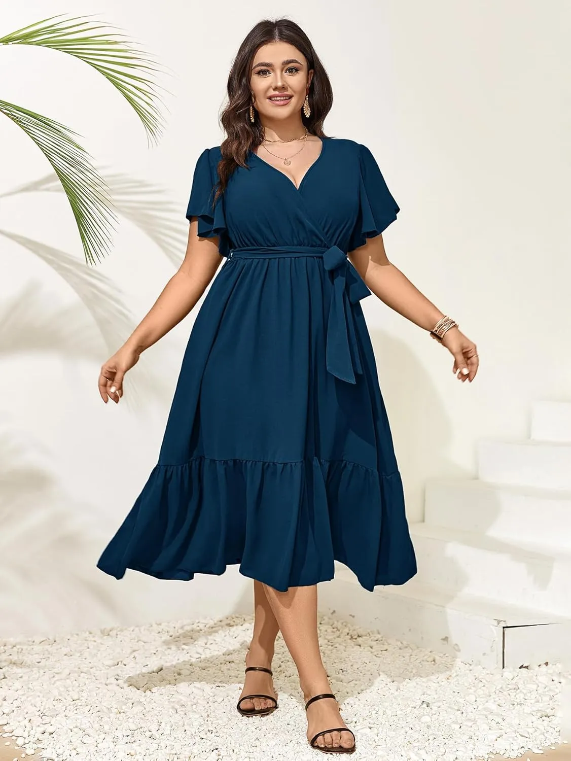 SCOMCHIC Womens Plus Size Wedding Guest Dresses Summer Wrap V Neck Short Sleeve Belted Ruffle Hem A-Line Flowy Maxi Dress