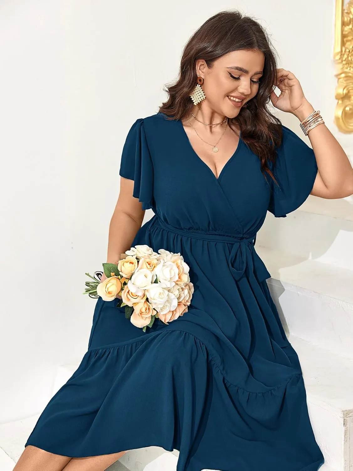 SCOMCHIC Womens Plus Size Wedding Guest Dresses Summer Wrap V Neck Short Sleeve Belted Ruffle Hem A-Line Flowy Maxi Dress