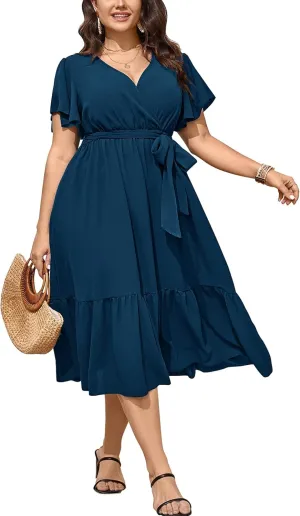 SCOMCHIC Womens Plus Size Wedding Guest Dresses Summer Wrap V Neck Short Sleeve Belted Ruffle Hem A-Line Flowy Maxi Dress