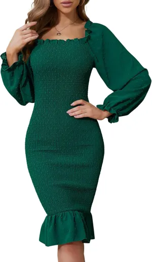 SENFURE Women's Long Sleeve Square Neck Midi Maternity Dresses Ruffle Smocked Bodycon Mermaid Cocktail Dress for Spring