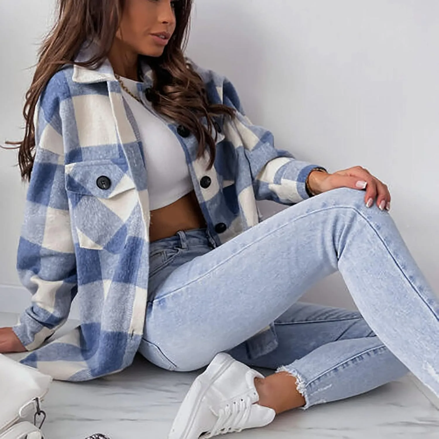 Shacket Jacket Women Casual Flannel Plaid Long Sleeve Lapel Button Down Shirts Fall Wool Blend Coat with Pockets