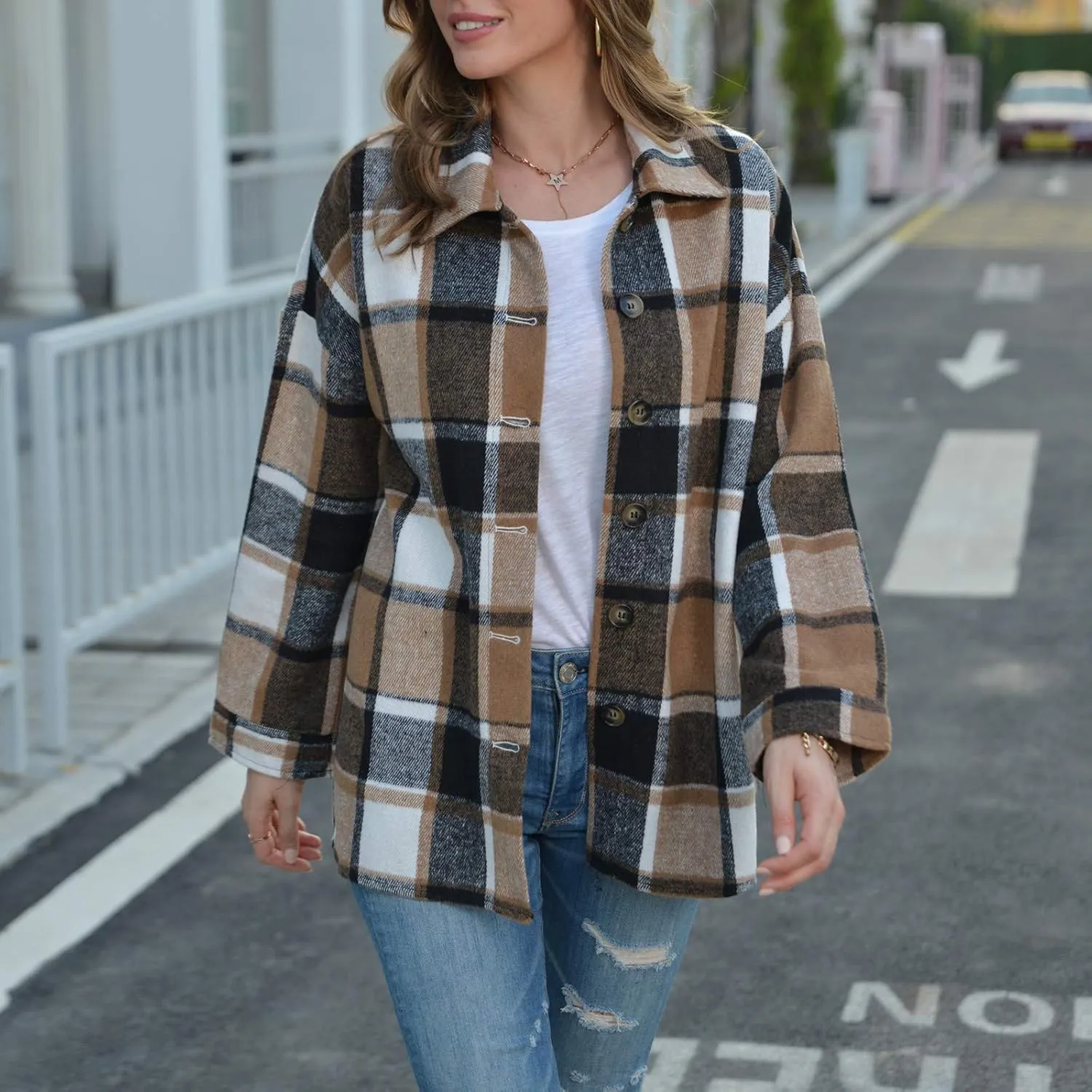 Shacket Jacket Women Casual Flannel Plaid Long Sleeve Lapel Button Down Shirts Fall Wool Blend Coat with Pockets
