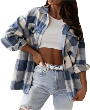 Shacket Jacket Women Casual Flannel Plaid Long Sleeve Lapel Button Down Shirts Fall Wool Blend Coat with Pockets