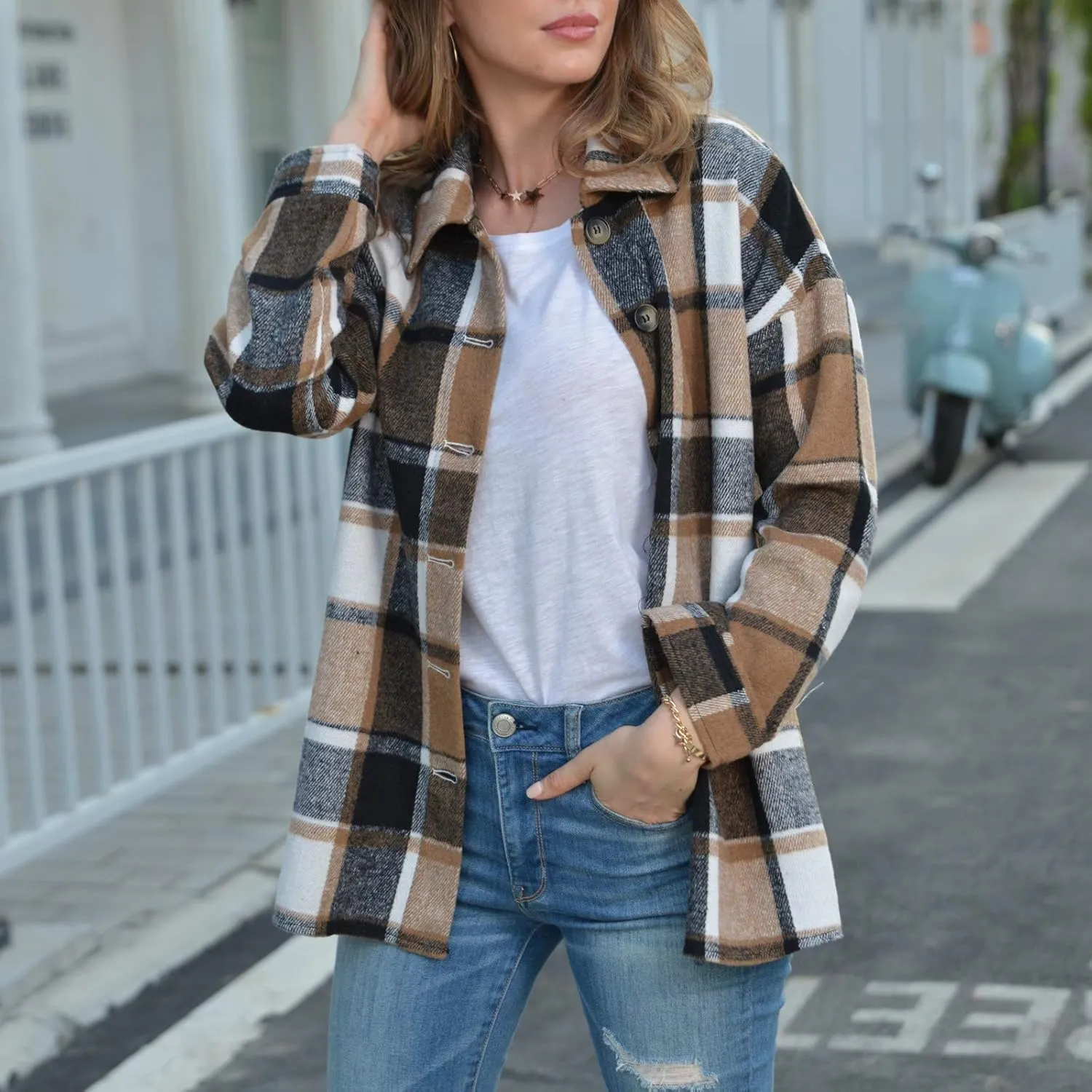 Shacket Jacket Women Casual Flannel Plaid Long Sleeve Lapel Button Down Shirts Fall Wool Blend Coat with Pockets