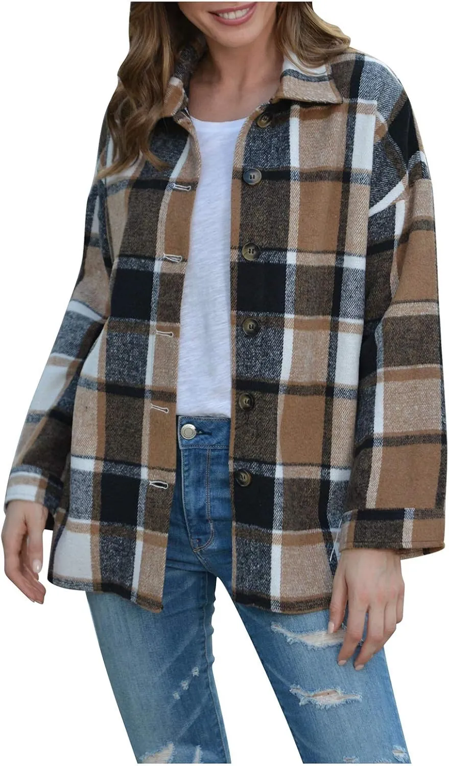 Shacket Jacket Women Casual Flannel Plaid Long Sleeve Lapel Button Down Shirts Fall Wool Blend Coat with Pockets