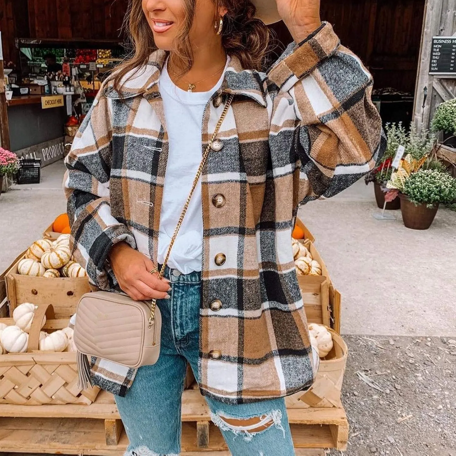 Shacket Jacket Women Casual Flannel Plaid Long Sleeve Lapel Button Down Shirts Fall Wool Blend Coat with Pockets