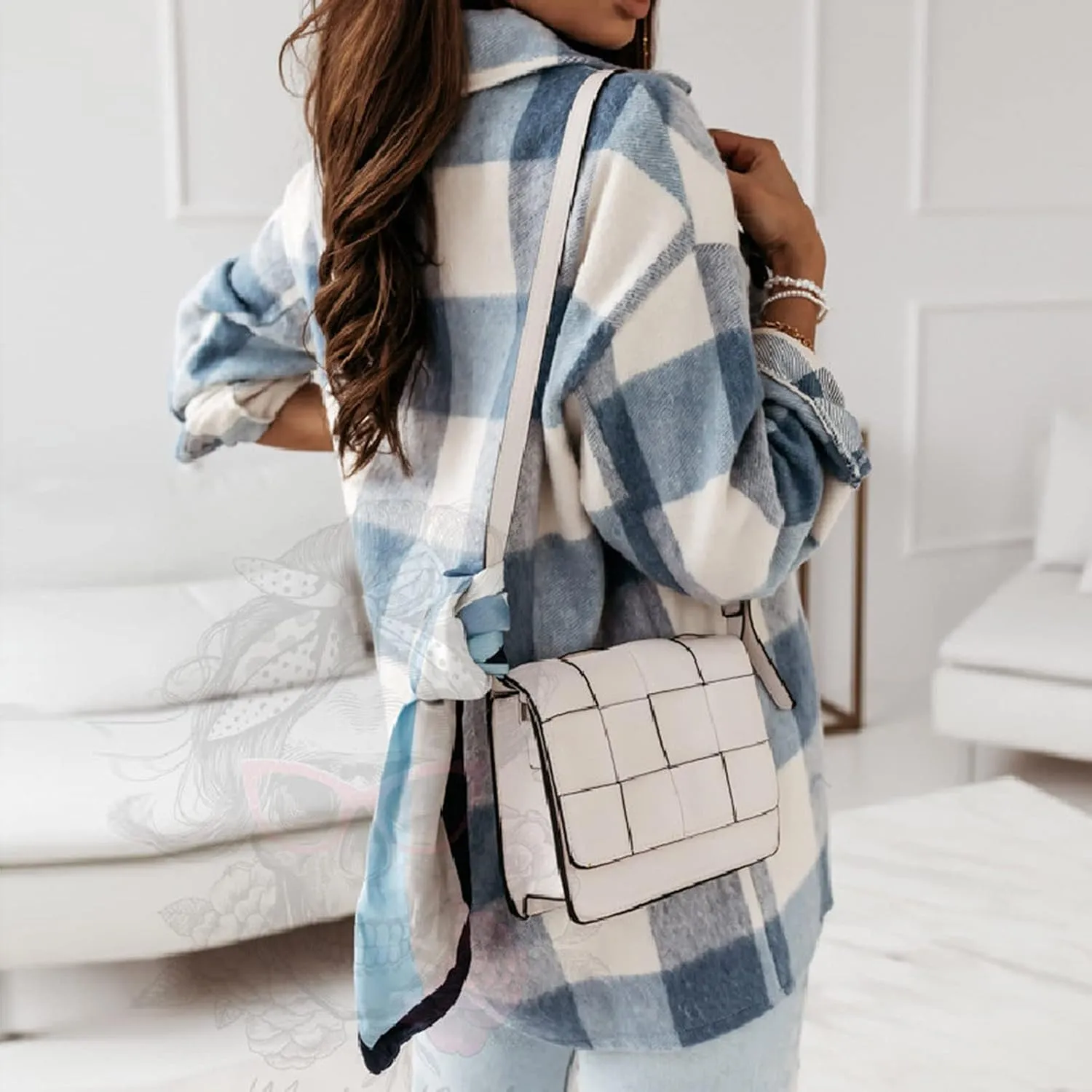 Shacket Jacket Women Casual Flannel Plaid Long Sleeve Lapel Button Down Shirts Fall Wool Blend Coat with Pockets
