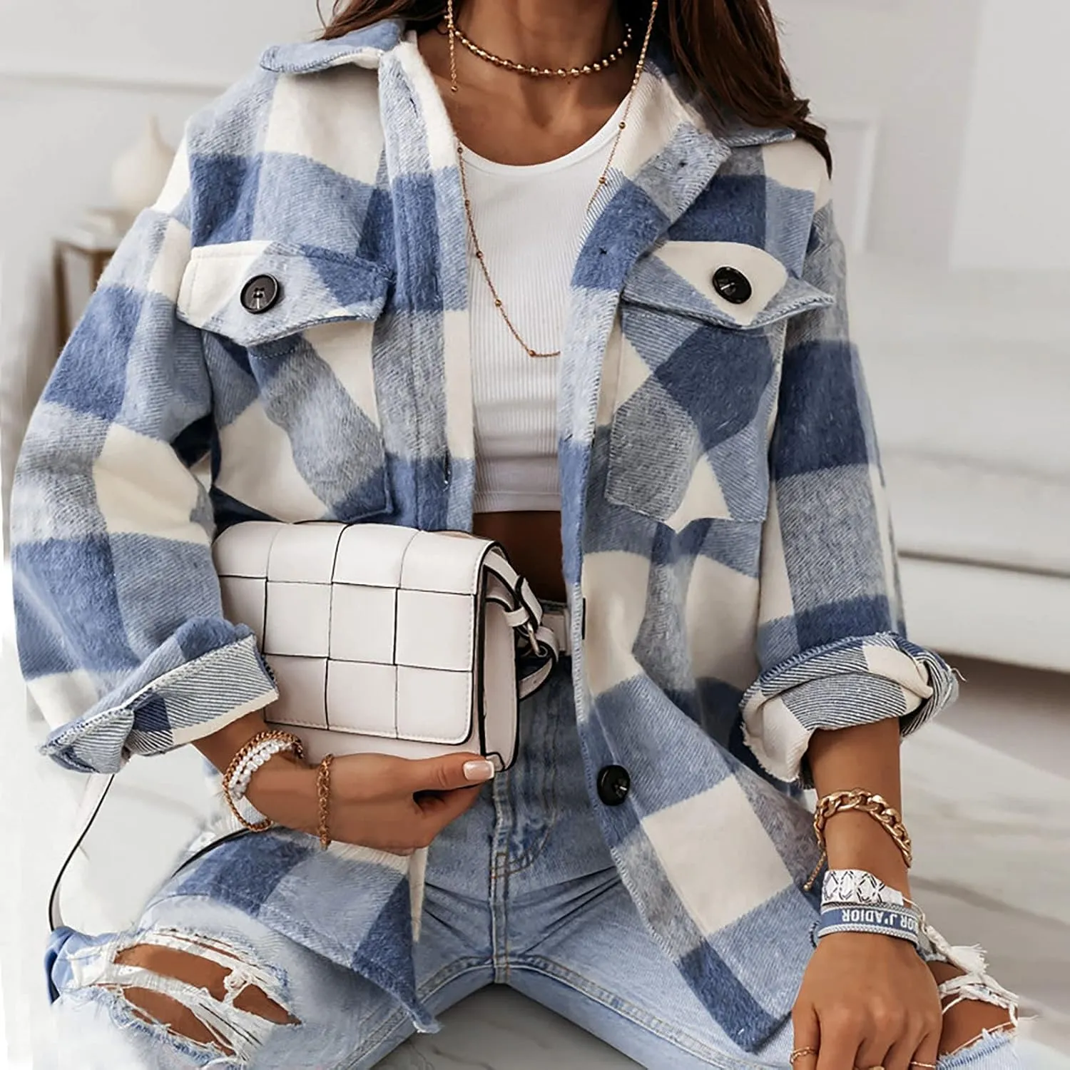 Shacket Jacket Women Casual Flannel Plaid Long Sleeve Lapel Button Down Shirts Fall Wool Blend Coat with Pockets