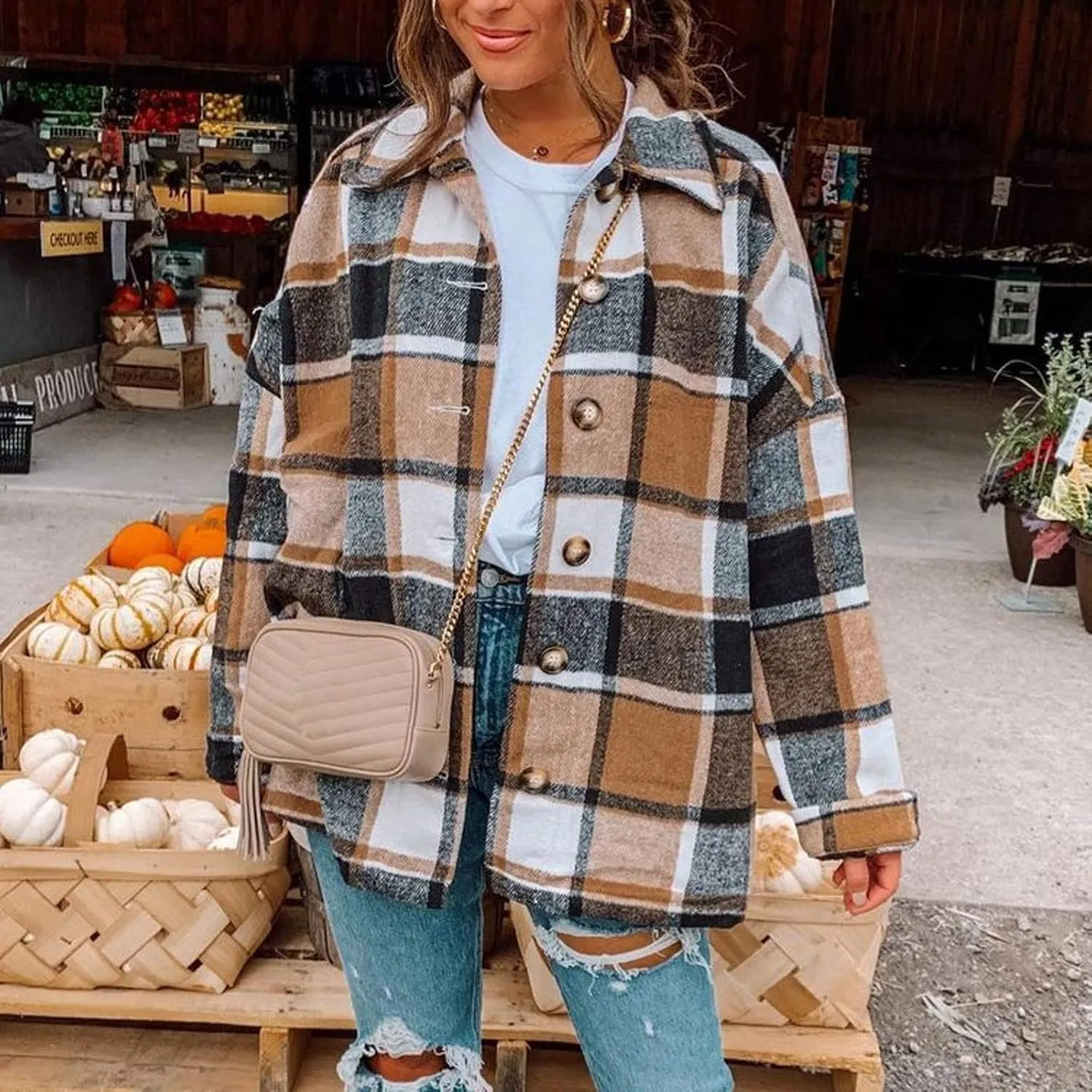 Shacket Jacket Women Casual Flannel Plaid Long Sleeve Lapel Button Down Shirts Fall Wool Blend Coat with Pockets