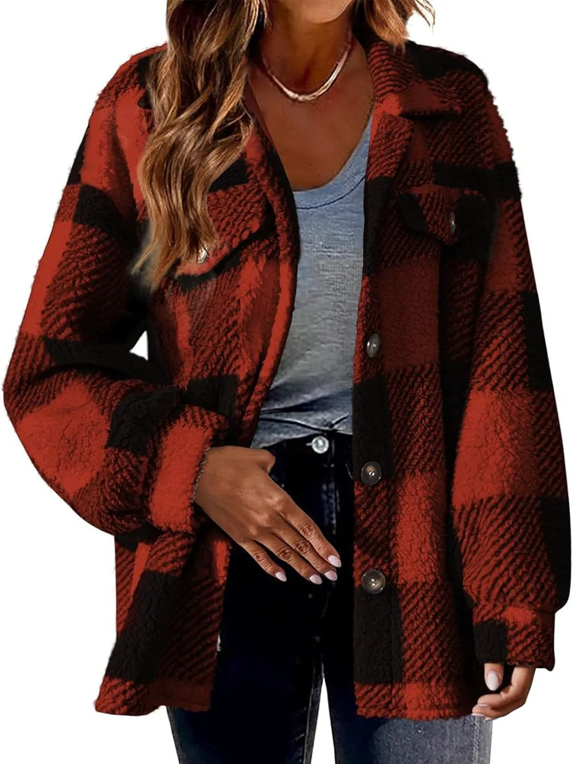 Shacket Jacket Women Casual Flannel Plaid Long Sleeve Lapel Button Down Shirts Fall Wool Blend Coat with Pockets