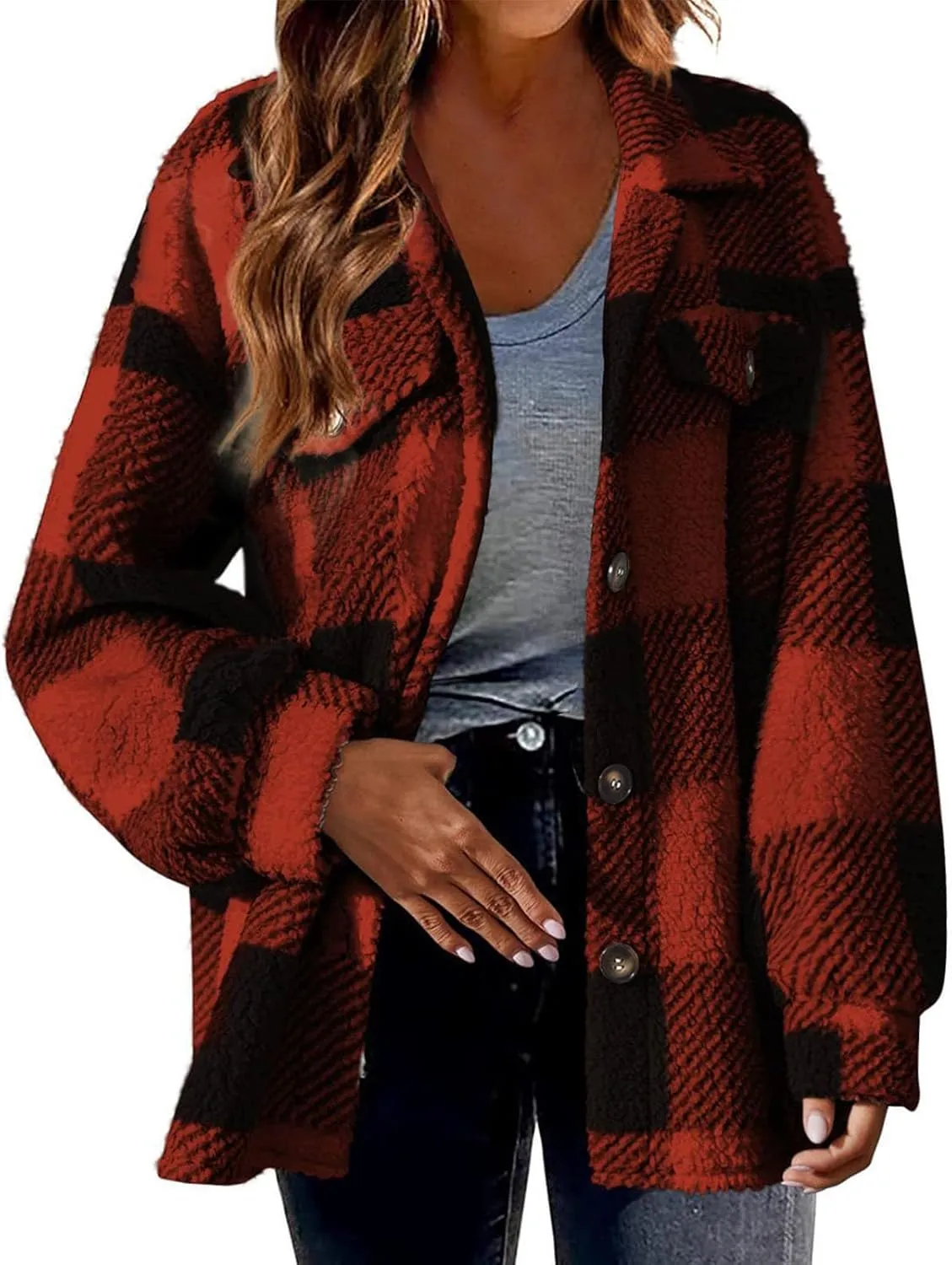 Shacket Jacket Women Casual Flannel Plaid Long Sleeve Lapel Button Down Shirts Fall Wool Blend Coat with Pockets