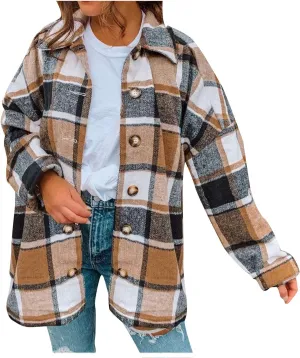 Shacket Jacket Women Casual Flannel Plaid Long Sleeve Lapel Button Down Shirts Fall Wool Blend Coat with Pockets