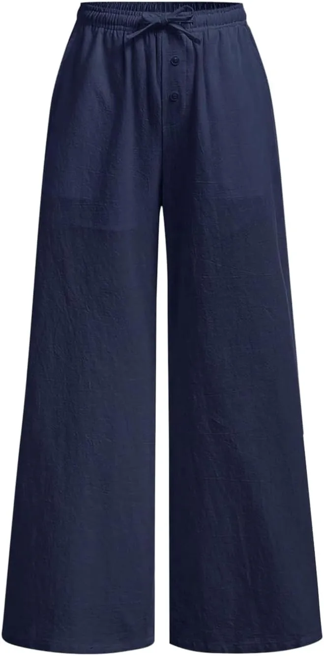 SHENHE Girl's Linen Low Waisted Drawstring Button Front Loose Long Pants Casual Boho Trousers