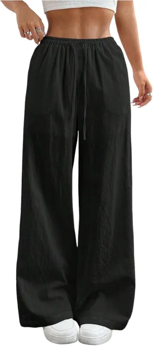 SHENHE Girl's Linen Low Waisted Drawstring Button Front Loose Long Pants Casual Boho Trousers