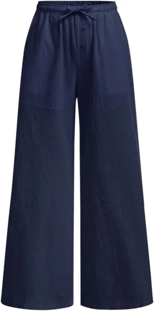 SHENHE Girl's Linen Low Waisted Drawstring Button Front Loose Long Pants Casual Boho Trousers