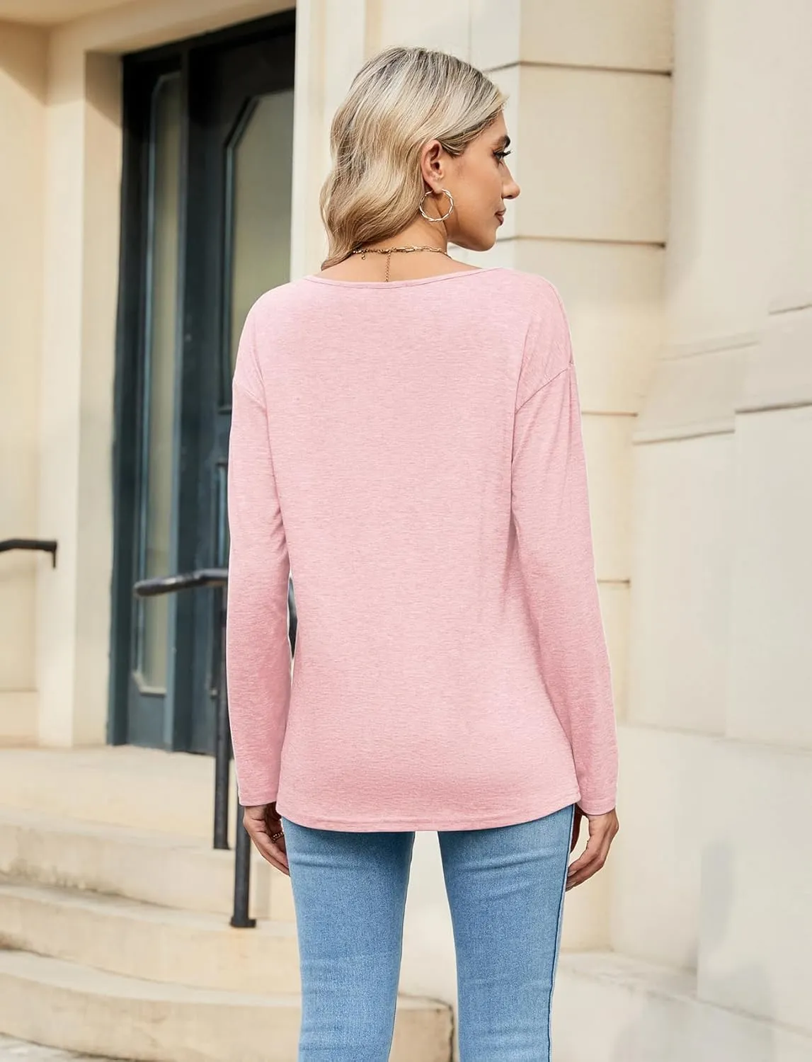 Sherosa Womens T Shirts V-Neck Long Sleeve Loose Fit Shirts Casual Solid Basic Tops