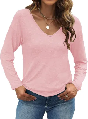 Sherosa Womens T Shirts V-Neck Long Sleeve Loose Fit Shirts Casual Solid Basic Tops