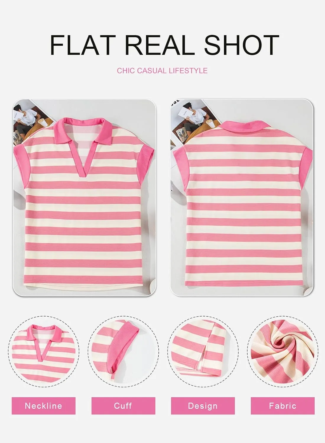 SHEWIN Womens Summer Tops Casual Short Sleeve Sweatshirt Color Block Striped Polo Shirts V Neck Pullover Tees Loose Blouses