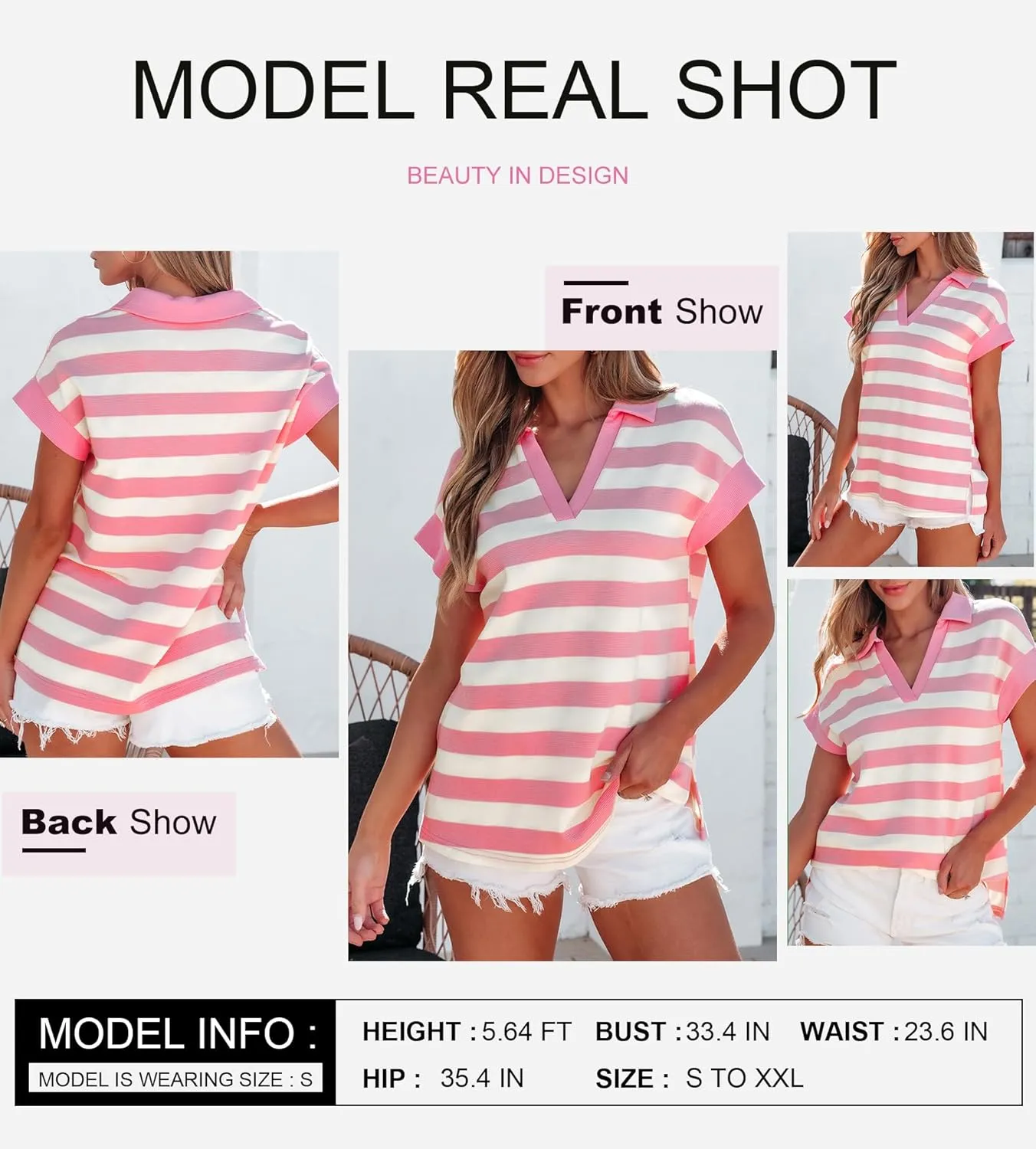SHEWIN Womens Summer Tops Casual Short Sleeve Sweatshirt Color Block Striped Polo Shirts V Neck Pullover Tees Loose Blouses