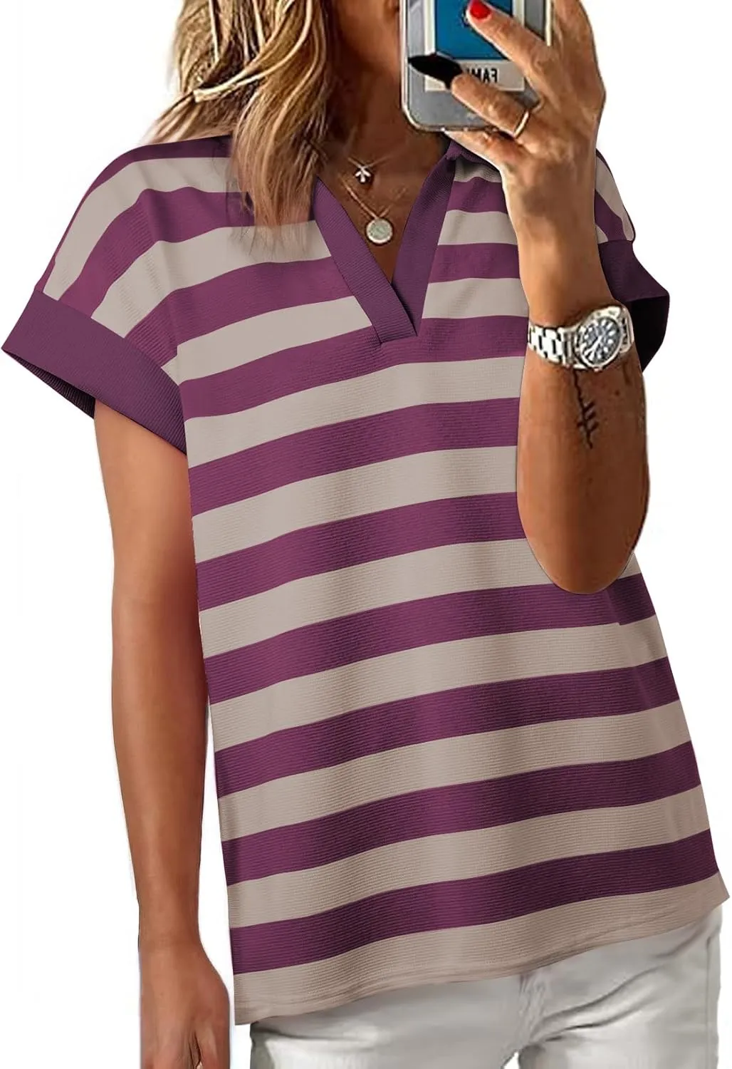 SHEWIN Womens Summer Tops Casual Short Sleeve Sweatshirt Color Block Striped Polo Shirts V Neck Pullover Tees Loose Blouses