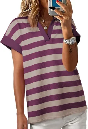 SHEWIN Womens Summer Tops Casual Short Sleeve Sweatshirt Color Block Striped Polo Shirts V Neck Pullover Tees Loose Blouses