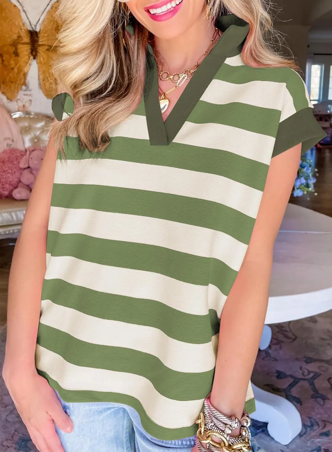 SHEWIN Womens Summer Tops Casual Short Sleeve Sweatshirt Color Block Striped Polo Shirts V Neck Pullover Tees Loose Blouses