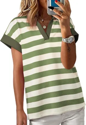 SHEWIN Womens Summer Tops Casual Short Sleeve Sweatshirt Color Block Striped Polo Shirts V Neck Pullover Tees Loose Blouses