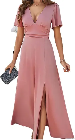 Short Sleeve Ruched Slim Fit Dress Women Deep V-Neck Summer Elegant Party Mini Dresses