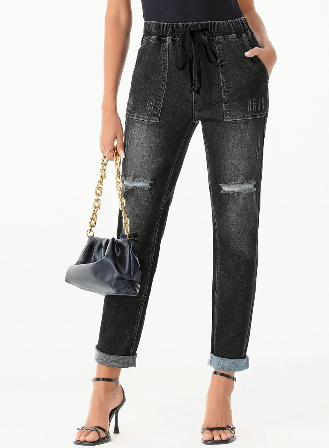 Sidefeel Womens High Waisted Drawstring Jeans Pull On Cargo Joggers Zimbaplatinum Ripped Elastic Waist Denim Pants