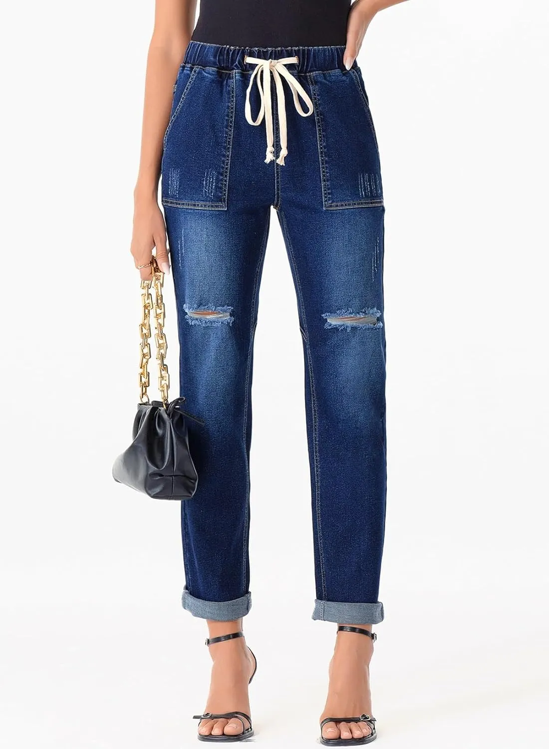 Sidefeel Womens High Waisted Drawstring Jeans Pull On Cargo Joggers Zimbaplatinum Ripped Elastic Waist Denim Pants