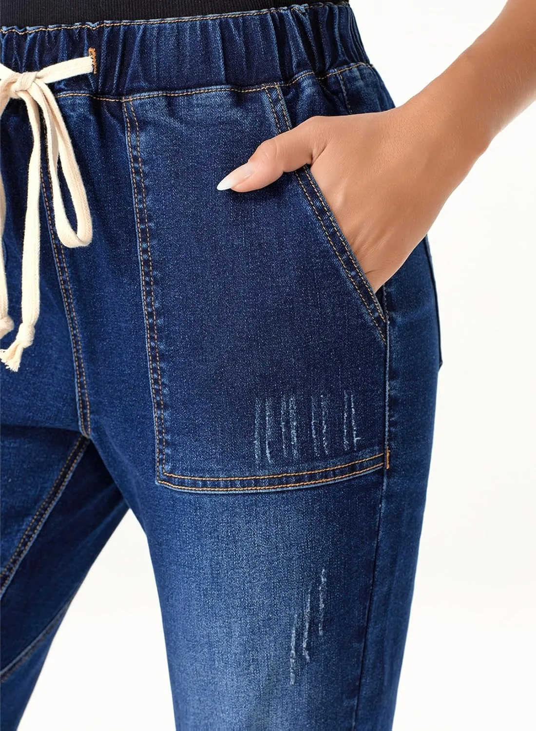 Sidefeel Womens High Waisted Drawstring Jeans Pull On Cargo Joggers Zimbaplatinum Ripped Elastic Waist Denim Pants