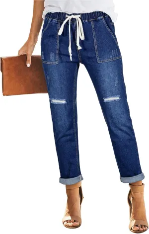 Sidefeel Womens High Waisted Drawstring Jeans Pull On Cargo Joggers Zimbaplatinum Ripped Elastic Waist Denim Pants