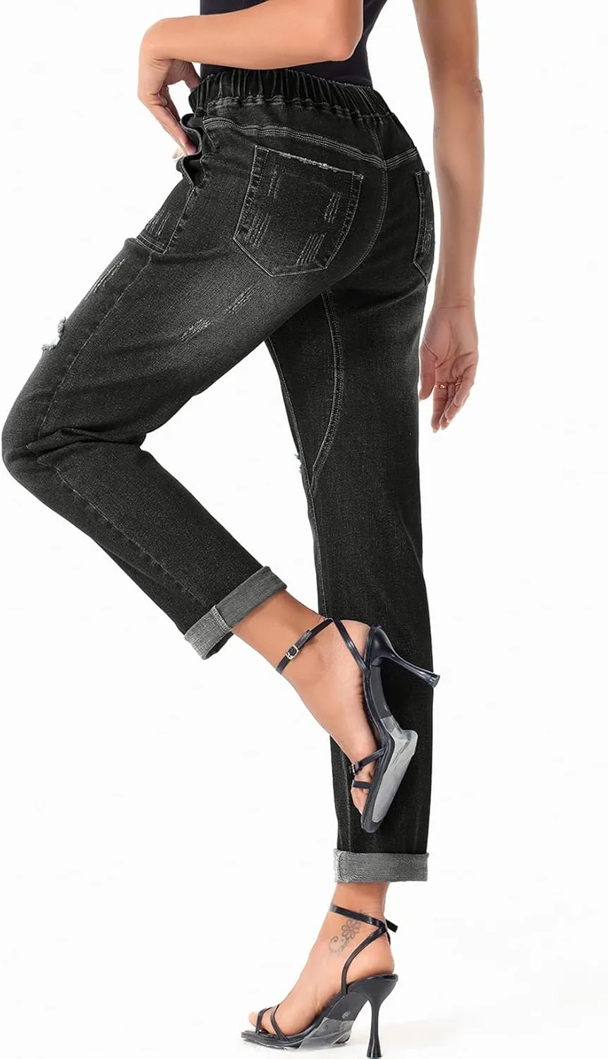 Sidefeel Womens High Waisted Drawstring Jeans Pull On Cargo Joggers Zimbaplatinum Ripped Elastic Waist Denim Pants
