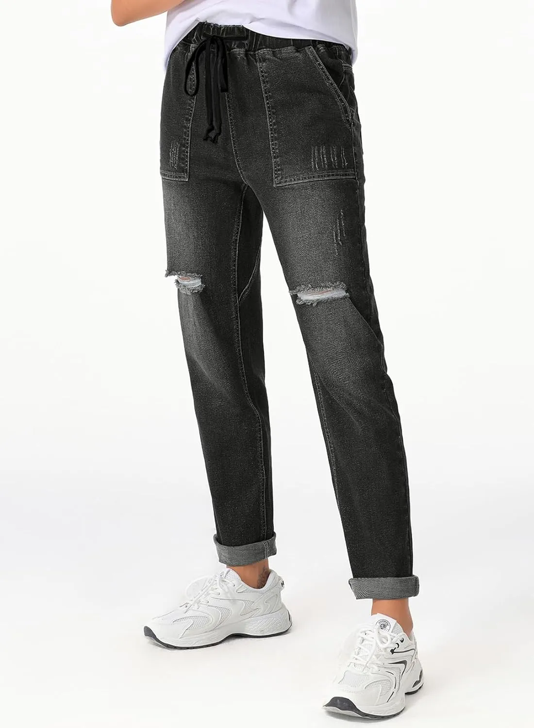 Sidefeel Womens High Waisted Drawstring Jeans Pull On Cargo Joggers Zimbaplatinum Ripped Elastic Waist Denim Pants
