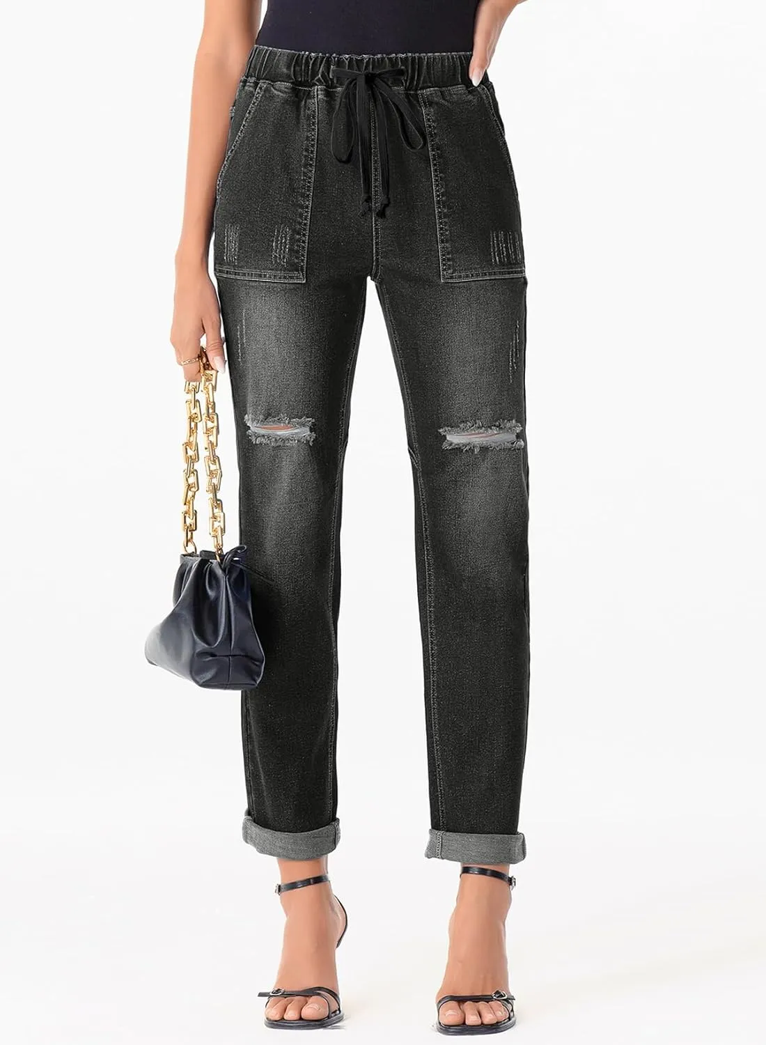 Sidefeel Womens High Waisted Drawstring Jeans Pull On Cargo Joggers Zimbaplatinum Ripped Elastic Waist Denim Pants