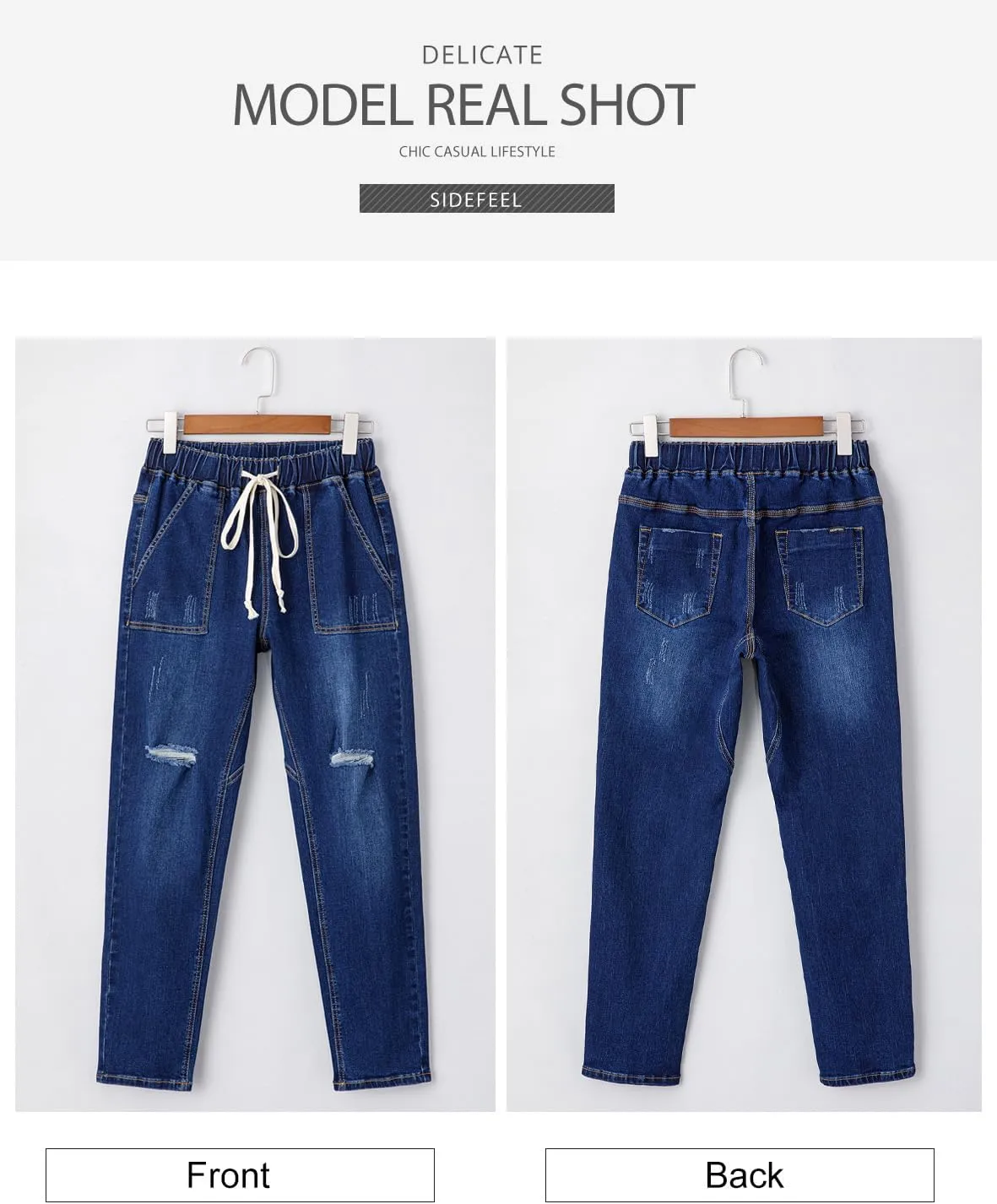 Sidefeel Womens High Waisted Drawstring Jeans Pull On Cargo Joggers Zimbaplatinum Ripped Elastic Waist Denim Pants