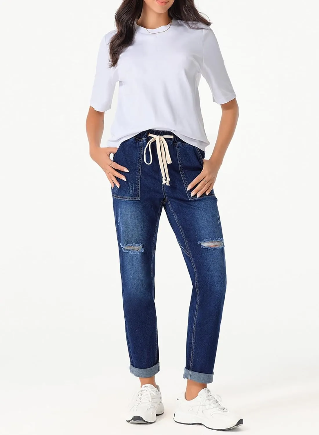 Sidefeel Womens High Waisted Drawstring Jeans Pull On Cargo Joggers Zimbaplatinum Ripped Elastic Waist Denim Pants