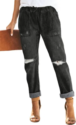 Sidefeel Womens High Waisted Drawstring Jeans Pull On Cargo Joggers Zimbaplatinum Ripped Elastic Waist Denim Pants