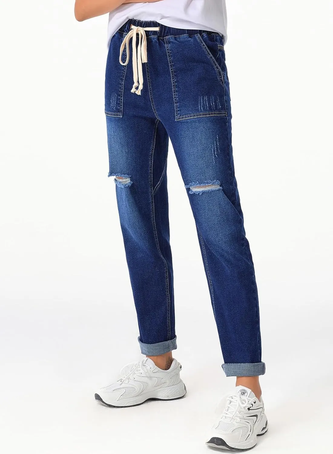 Sidefeel Womens High Waisted Drawstring Jeans Pull On Cargo Joggers Zimbaplatinum Ripped Elastic Waist Denim Pants